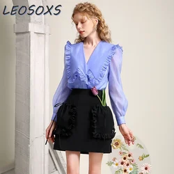 LEOSOXS Elegant Shirt Top Half-length Skirt Sets Women Ruffles V-Neck Blue Blouse Top Lace-up Pocket High Waist Hip Black Skirts