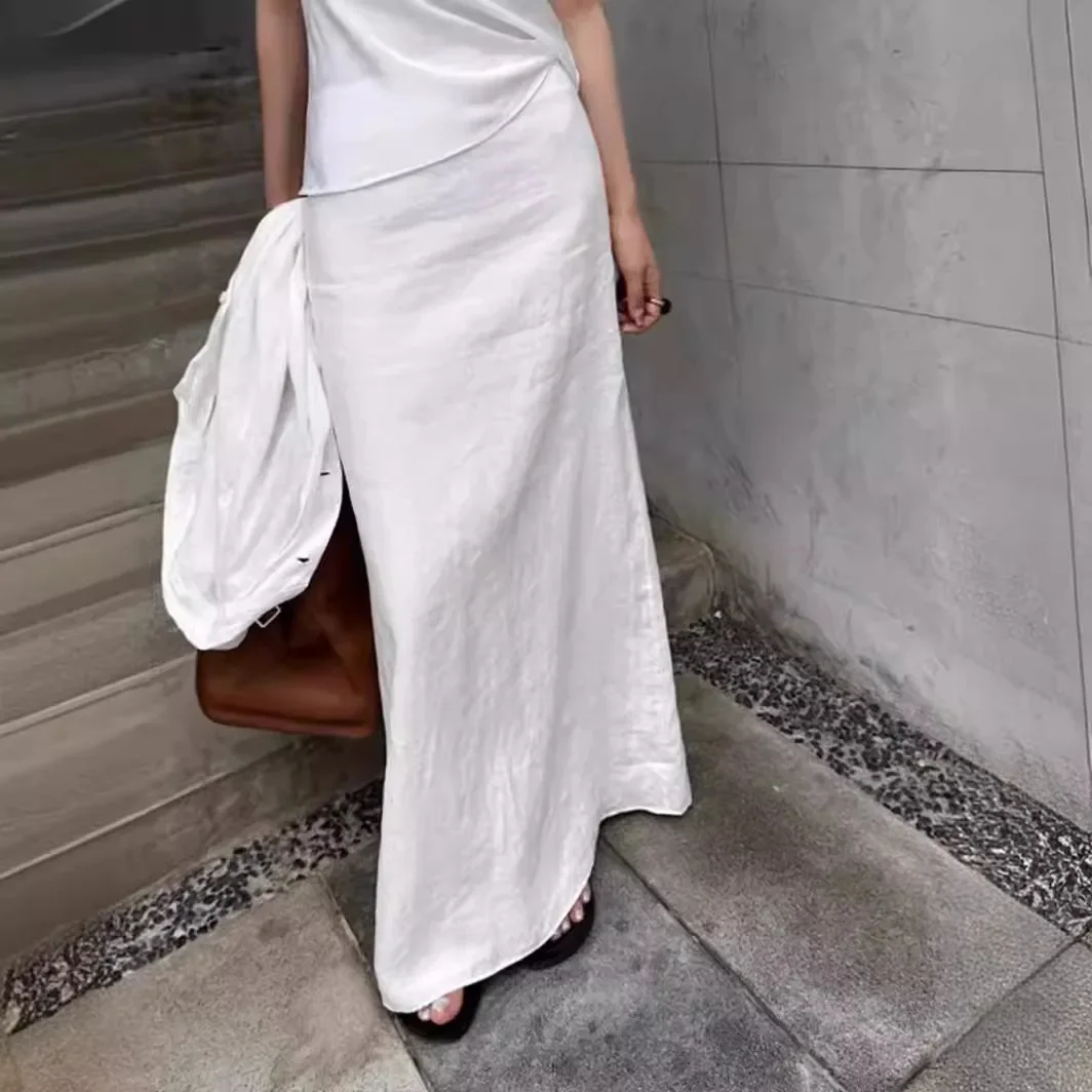 

2024 New Vintage White Linen Maxi Skirt Straight Cotton High Waisted Split Casual Long Skirts for Women Office Lady Summer Skirt