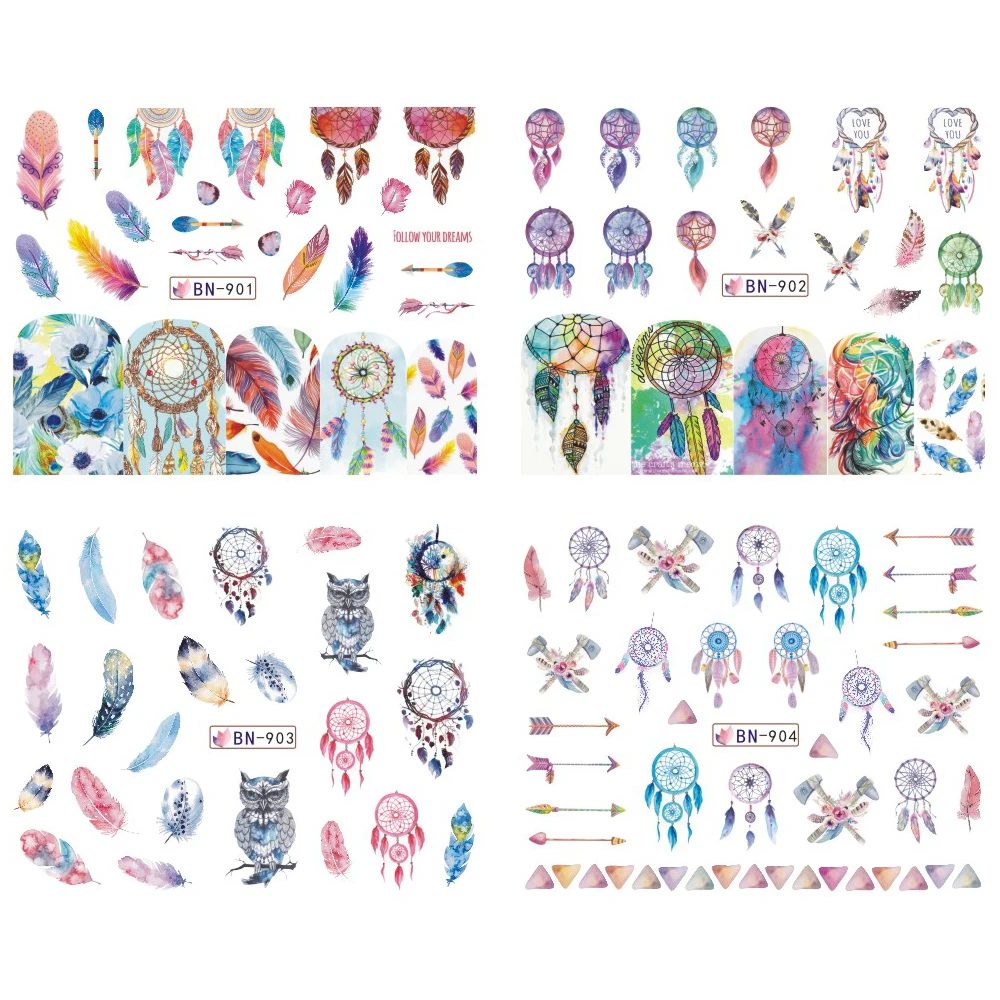 12 Patterns Dreamcatcher Water Sticker Set Feather Owl Color Nail Art Transfer Decals Tips Watermark Slider Manicure SABN901-912