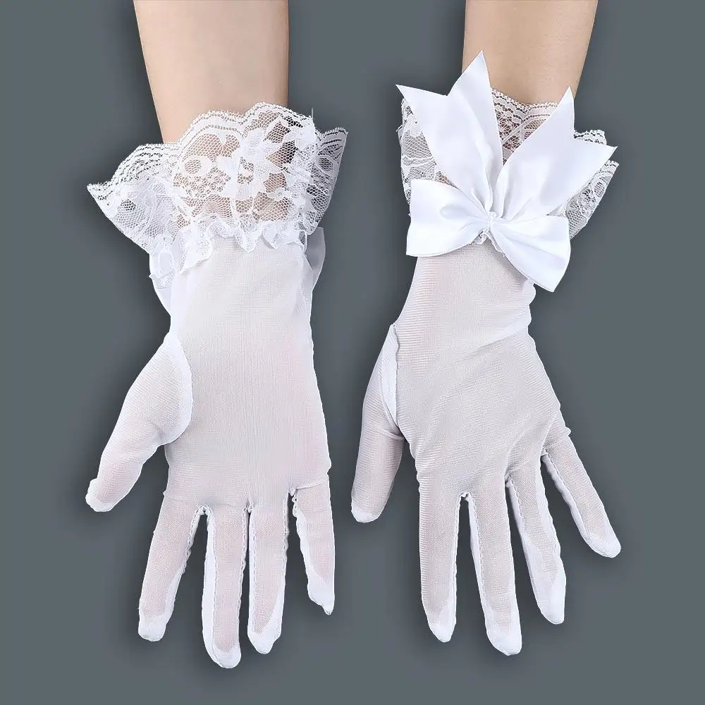 Guantes de muñeca blancos y negros para mujer, accesorios de Cosplay para bodas, mitones de novia, guantes grandes de malla Bownot, guantes de encaje