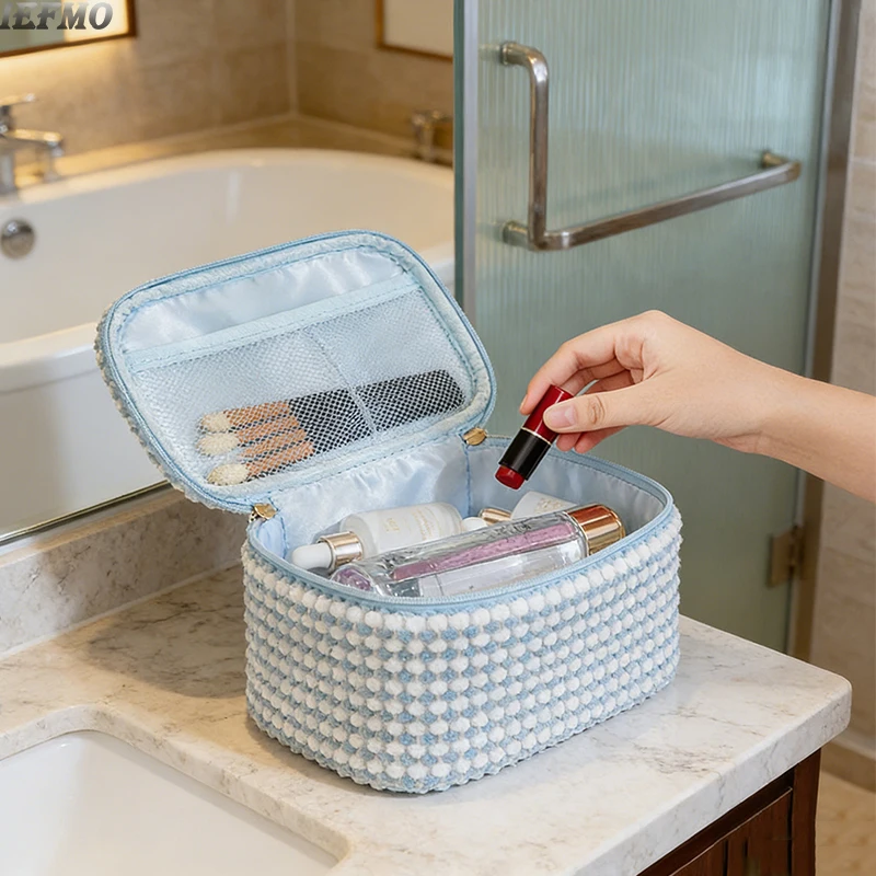 Fashion Corduroy Makeup Bag for Women Large Capacity Cosmetic Pouch Portable Cute Handy Travel Toiletry Bag with Handle