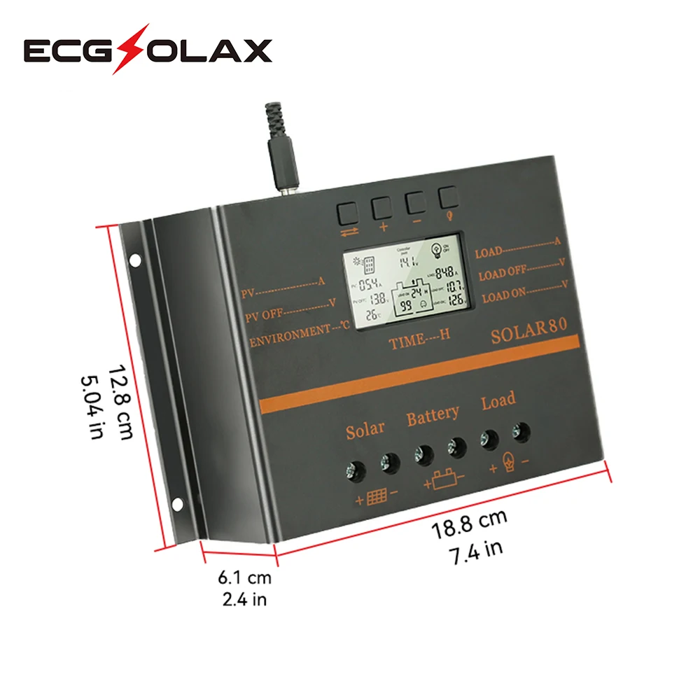 Imagem -04 - Controlador de Carga Solar Ecgsolex80a 60a 12v 24v Lcd Automático Usb Carregador de Bateria Solar Alta Eficiência Regulador Pwm