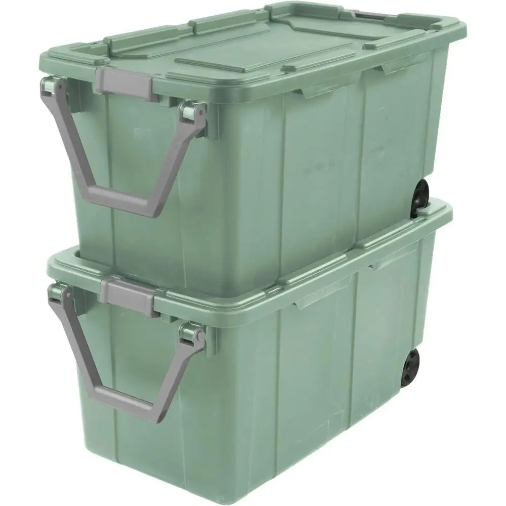

40 Gallon 160 Qt Wheeled Plastic Storage Bin, Stackable and Rolling, Ideal for Home, Garage, Camping - Green Base and Lid (2-Pac