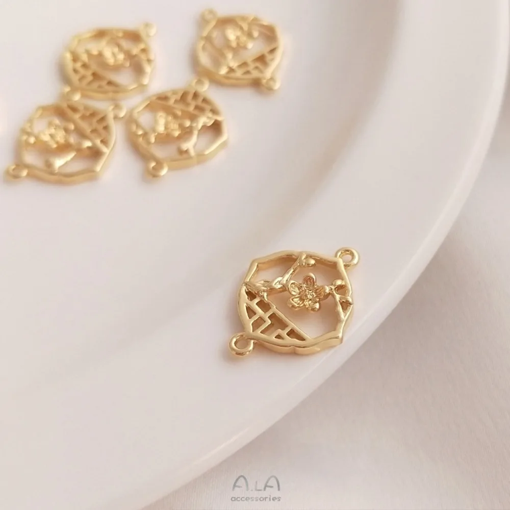 1Pcs Copper Charms 14K Gold Color Plum Blossom Window Pendant Double Hanging Connector Handmade DIY Antique Earrings Hairpin