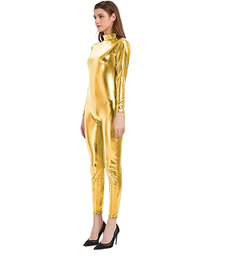 Speerise feminino brilhante unitard metálico elastano catsuit gola alta manga longa footless bodysuit zíper zentai halloween cospaly