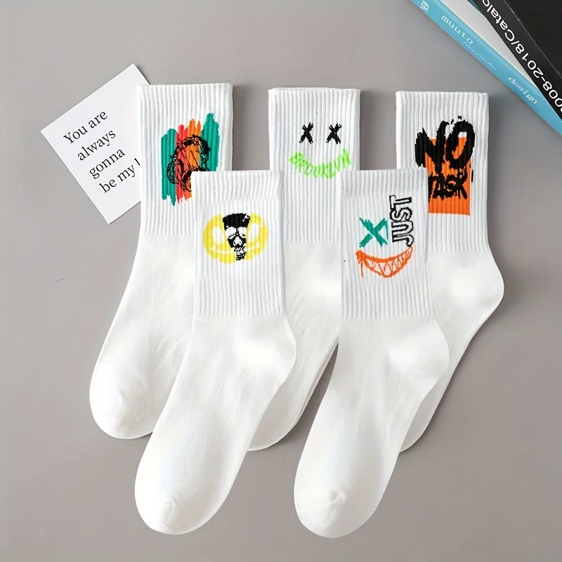 5/10 Pairs Women Men Crew Socks Cool Cartoon Pattern Couple Funny Socks Middle Tube Basketball Socks Paired Halloween