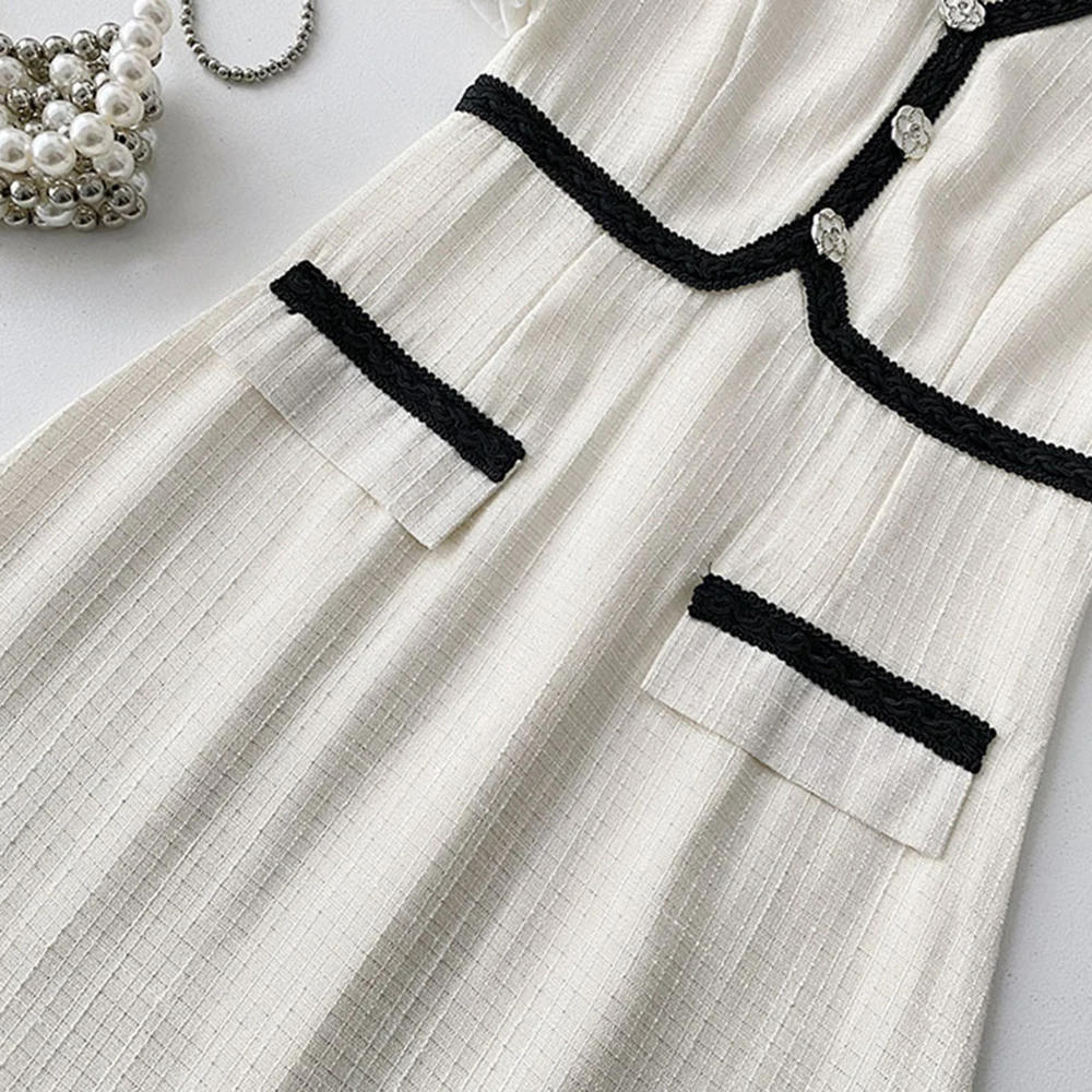 VGH Elegant Slimming Hit Color Dress For Women V Neck Short Sleeve High Waist Spliced Button Temperament Dress Female Fashion