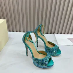 Sandali con borchie di cristallo con punta aperta verde scarpe con fibbia alla caviglia per le donne tacchi alti tacchi a spillo scarpe da sposa sul tallone Zapatillas Mujer