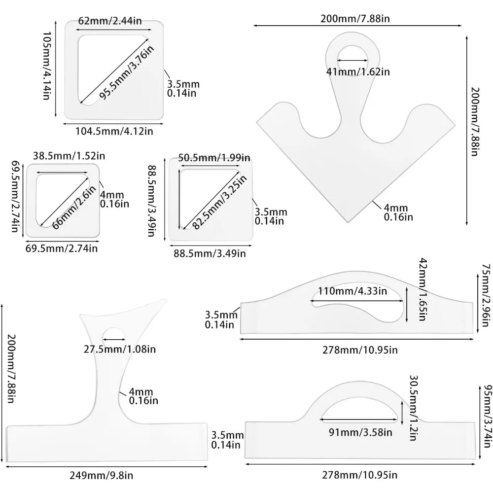 7Pcs Acrylic Board Handle Template Charcuterie Router Templates Clear Acrylic Cutting Board Template Angled Curvy Tracing