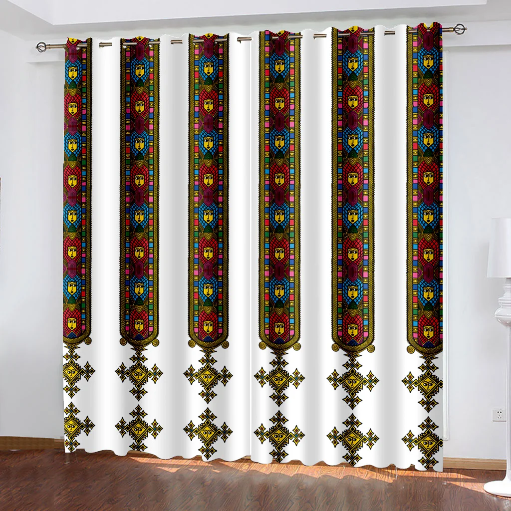 

2Pcs Bohemian Style Black Gold Pattern Curtains Ethiopian Style Home Living Room Bedroom Balcony Kitchen Window Decor