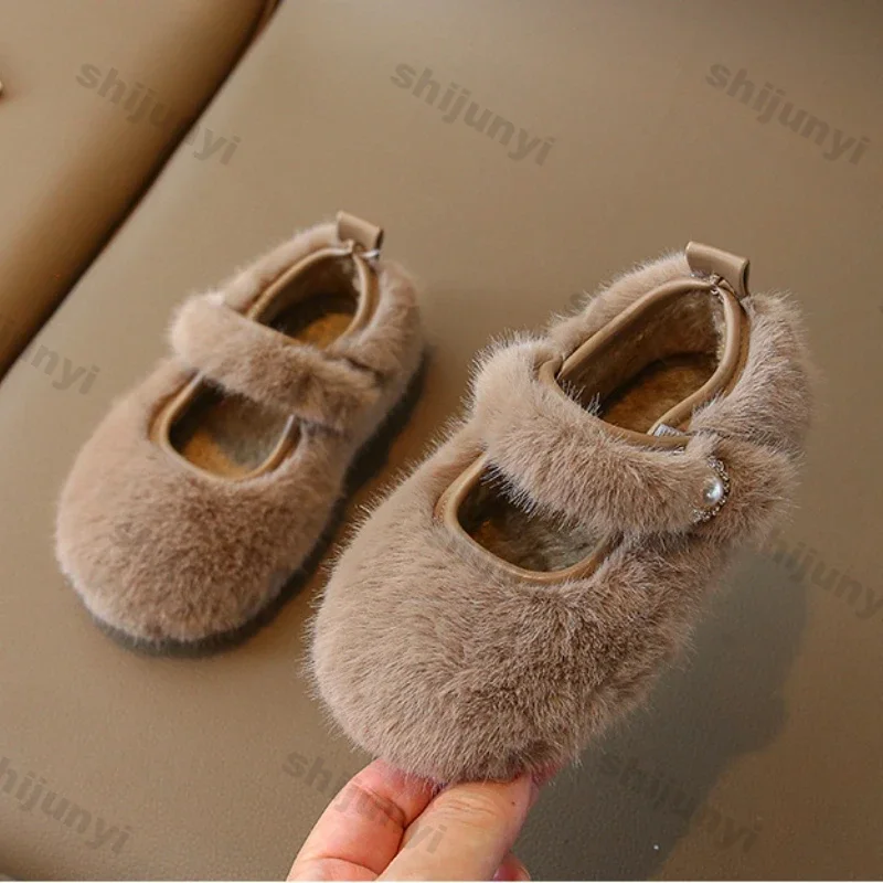 Children\'s Winter Cotton-padded Warm Cotton Fur Fluffy Children Flats Girls Loafers Slip-on Princess Sweet Anti-slippery Shoes