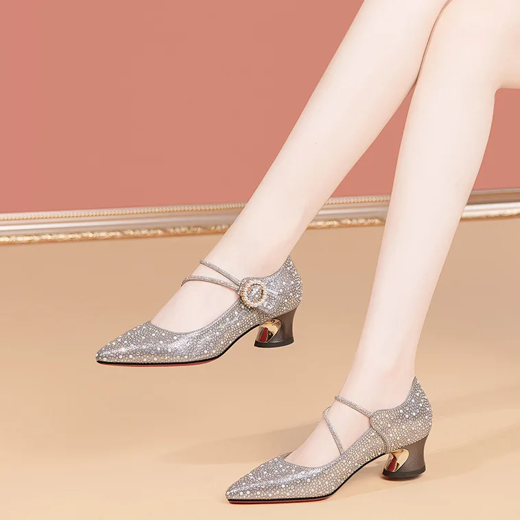 Elegant Rhinestone Striped Thick Single Order Shoes for Women, High Heels for 2026 NEW Fashion,shallow Mouth Women's Shoes
