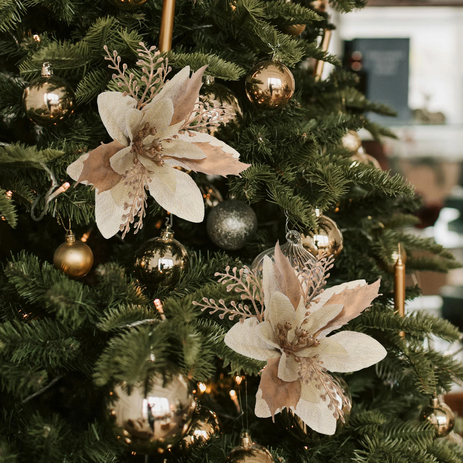 

6Pcs Artificial Poinsettia Flowers 6 Clips Christmas Tree Ornaments Glitter Xmas Decorations Wedding Party Glitter Poinsettia