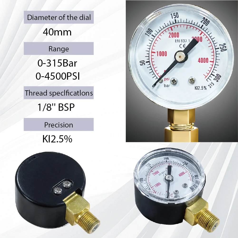 FX 액세서리 및 펌프 밸브용 1/8''BSP 하단 장착 철 케이스가 있는 315Bar 고압 게이지