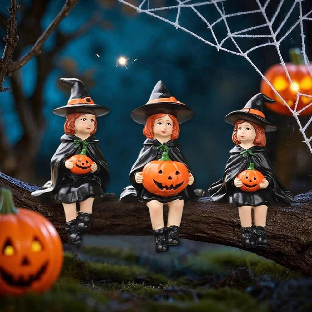 3pcs Funny Cute Witch Holding Pumpkin Statue Handmade Resin Crafts Halloween Statue Decoration Pumpkin Witch Figurine Bookshelf