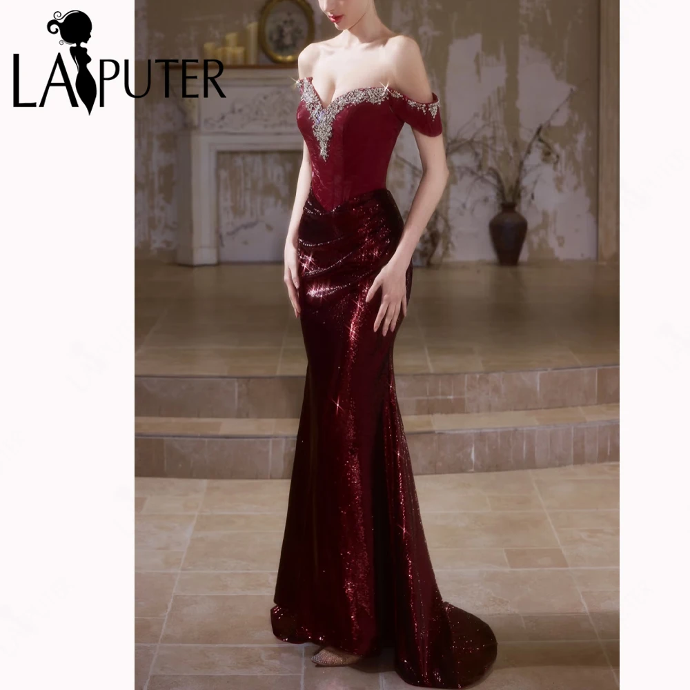 

Burgundy Sequin Mermaid Evening Dresses Off Shoulder Side Sleeves Corset Prom Dress Crystal Neck Edge Formal Dress for Woman