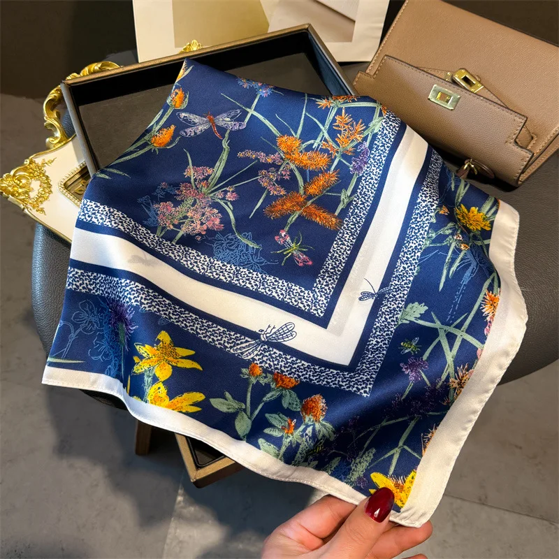 70*70cm Luxury Floral Square Scarf For Women Elegant Ladies Hijab Neckerchief Shawl Solid Soft Stain Silk Scarves For Travel image 2