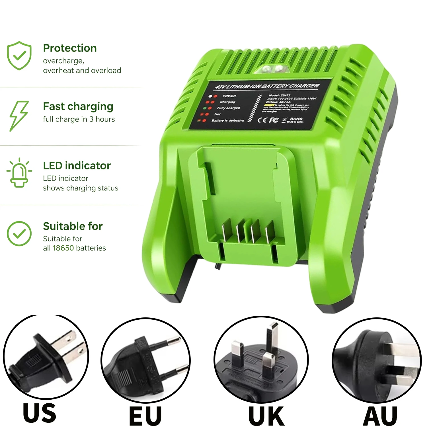 Portable Quick battery charger with LED INDICATOR for Greenworks 40V Lithium battery with US/EU/UK/AU Charging plug