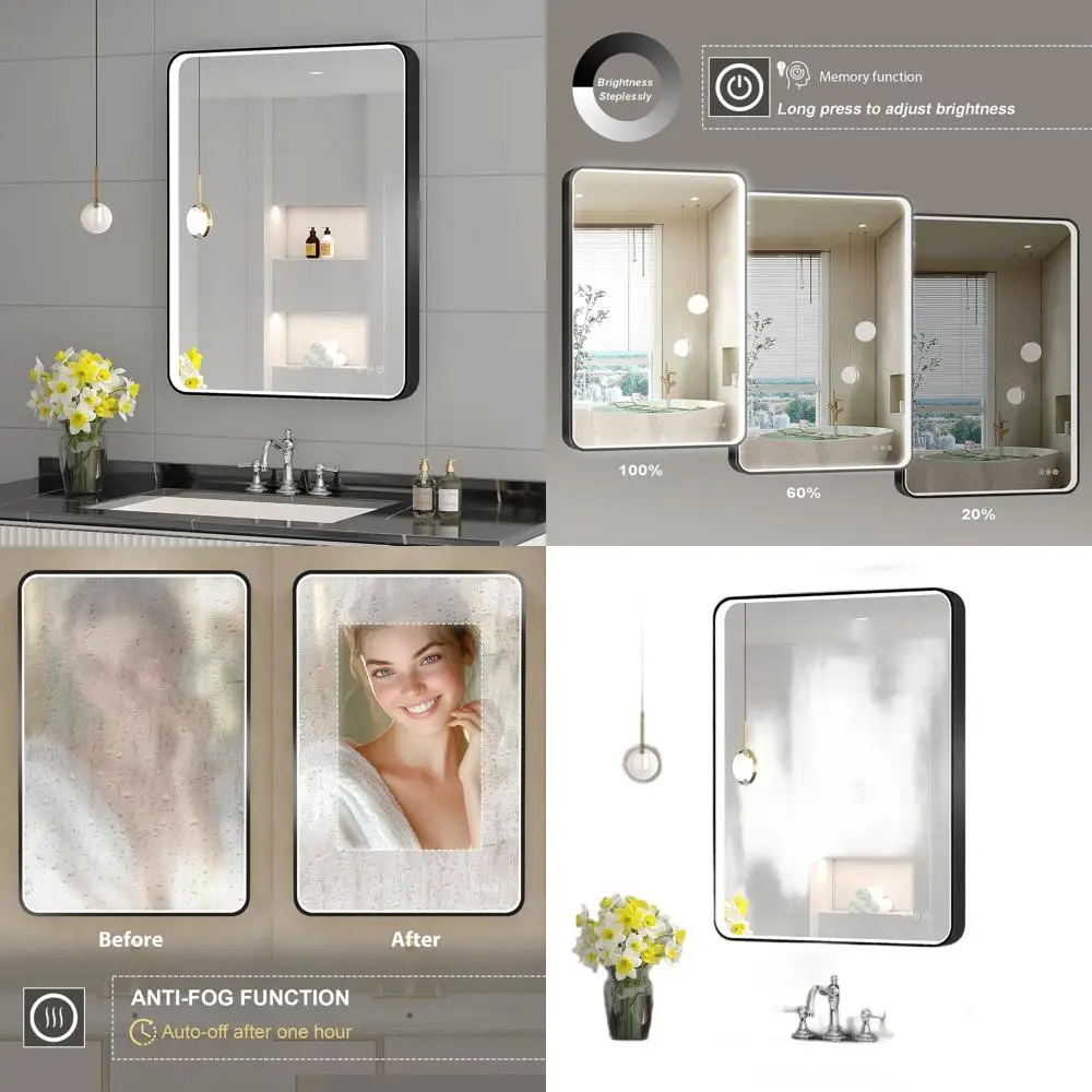 

Зеркало для ванной комнаты с LED-подсветкой, черной рамой, защитой от запотевания, 24x32 дюйма, с плавной регулировкой яркости и функцией памяти
