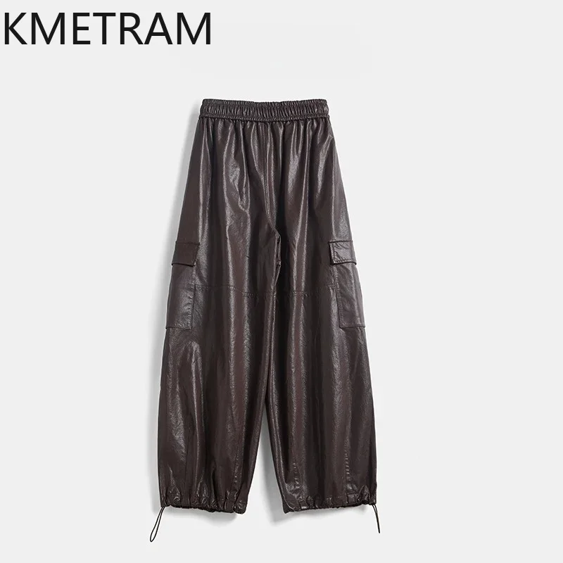 KMETRAM Genuine Leather Cargo Pants for Woman Full Vegetable Tanned Sheepskin Trousers High Waist Long Pantalones Baggy 105cm