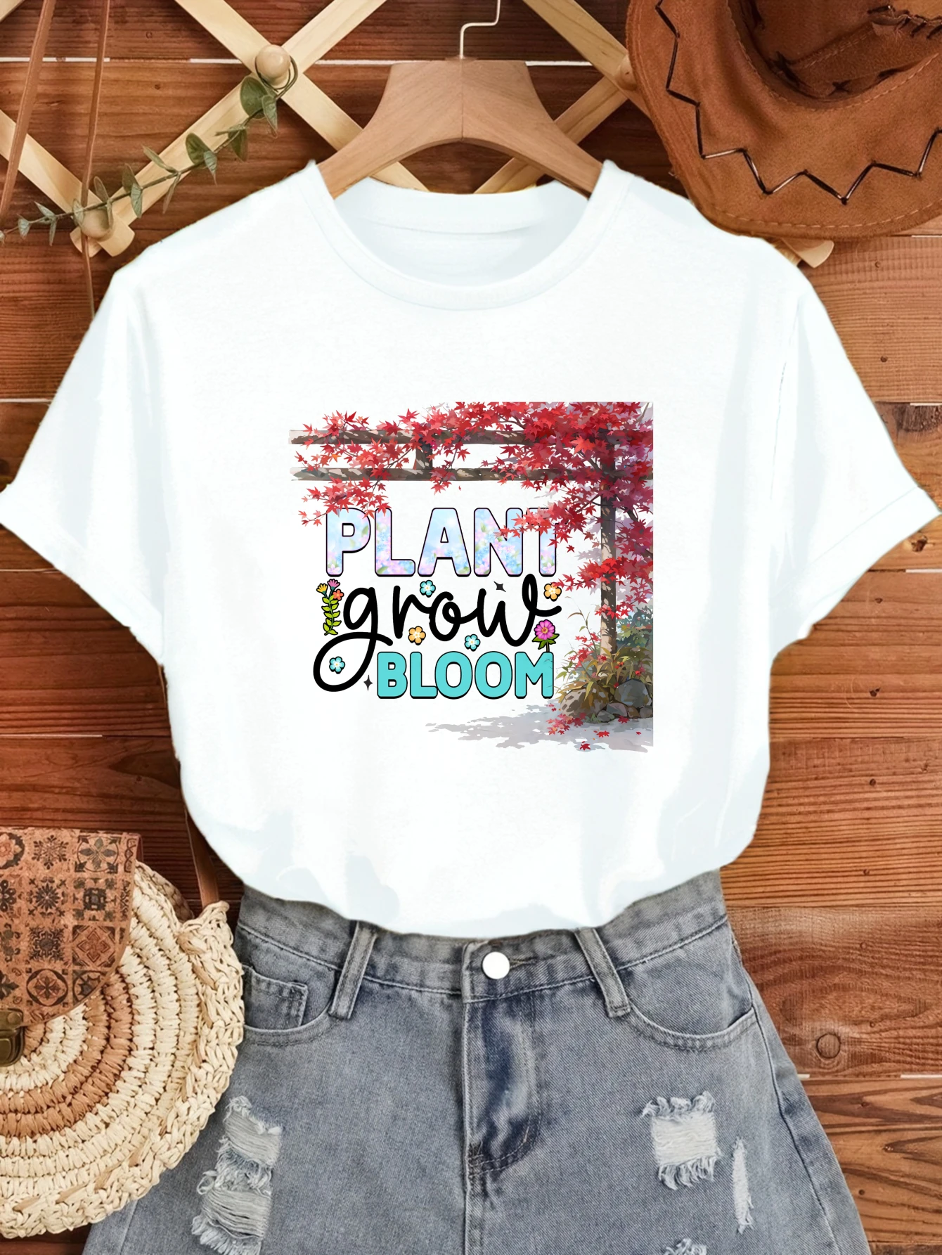 

Women's T-shirts Chinese style Printed t shirt Couple Casual 100% cotton Plant Your Bloom Artwork printed tee Christmas anime