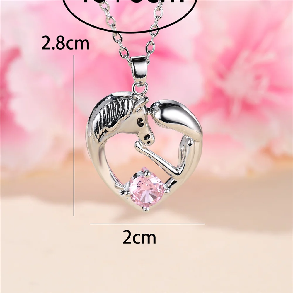 Female Crystal Pink Zircon Stone Love Heart Pendant Necklace Vintage Silver Color Wedding Jewelry For Women