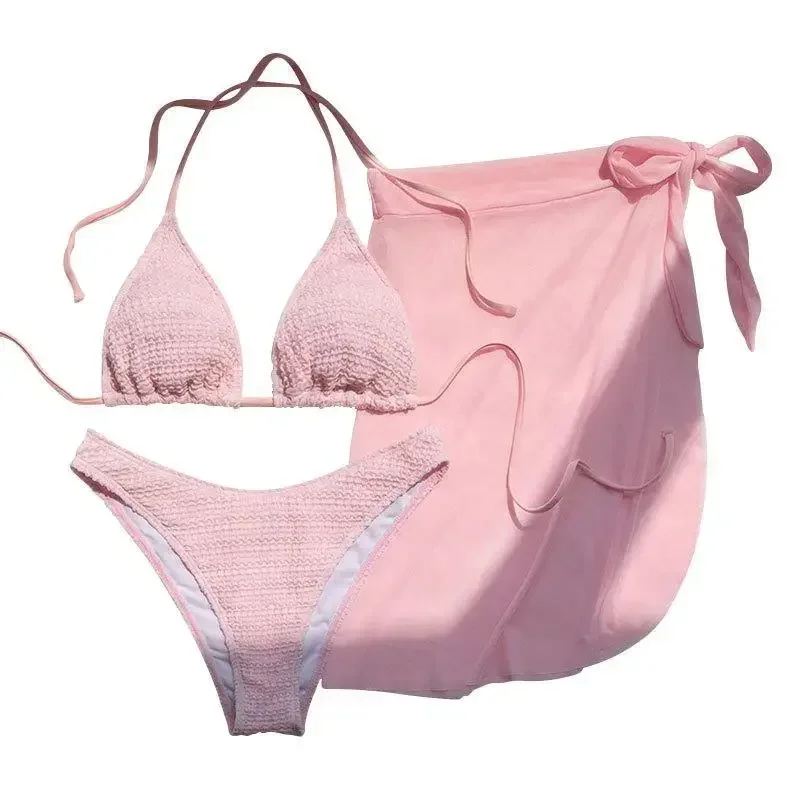 Rosa einfarbiger 3-teiliger Badeanzug für Damen, 2023, Sommer, Strandrock, Bikini, V-Ausschnitt, Neckholder, rückenfrei, Badeanzug, Sommer-Strandbadebekleidung
