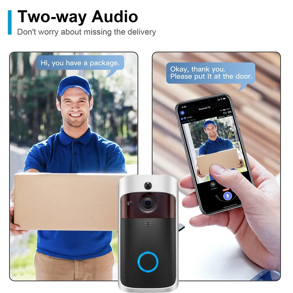 V5 Security Video Doorbell 2.4G Wifi 2-Way Audio HD Night Vision Viewing Angle 166° Pictrue Snappe Video Recorde Cloud Storage