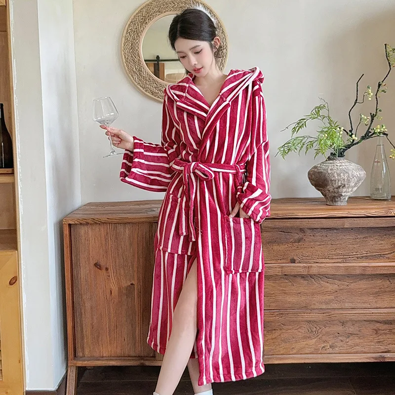 

Утолщенный фланелевой халат, ночная рубашка, женский зимний длинный утренний халат, полосатая ночная рубашка с капюшоном, коралловый флис, домашняя одежда