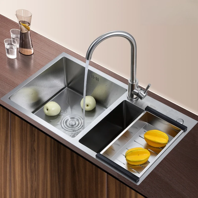 304 Stainless steel double slot handmade vegetable basin square sink with drain basket household under-counter dishwasher