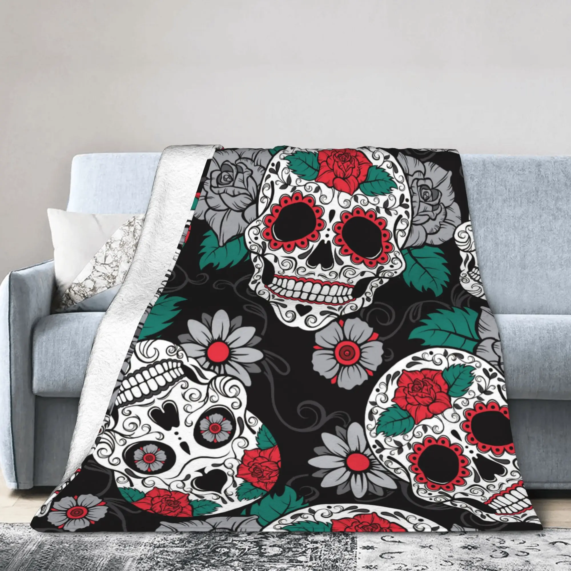 Sugar Skull Day of the Dead Flannel Throw Blankets Gothic Mexican Skeleton Halloween Blanket for Sofa Bedroom Thin Bedspread