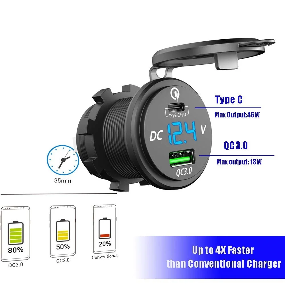 18W Quick Charge 3.0 USB Car Charger 48W Type-C PD Fast Charge Socket Outlet Adapter for Car, Boat, RV, Motorcycle