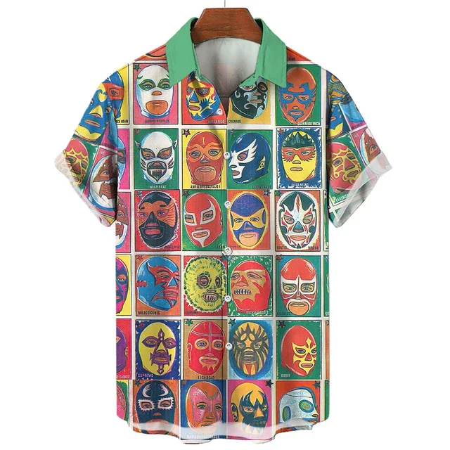 Vintage Men\'s Shirt 3d Mexican Wrestling Printed Shirts Short Sleeve Casual Cardigan Clothing For Male Summer Tops Lapel Blouse