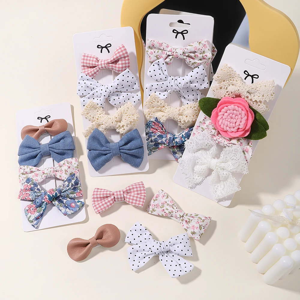 4PCS/Set Fashion Baby Girls Bows Hair Clips Hairpins Hairclip For Kids Cotton Linen Barrette Flower Print Side Pin Accessories