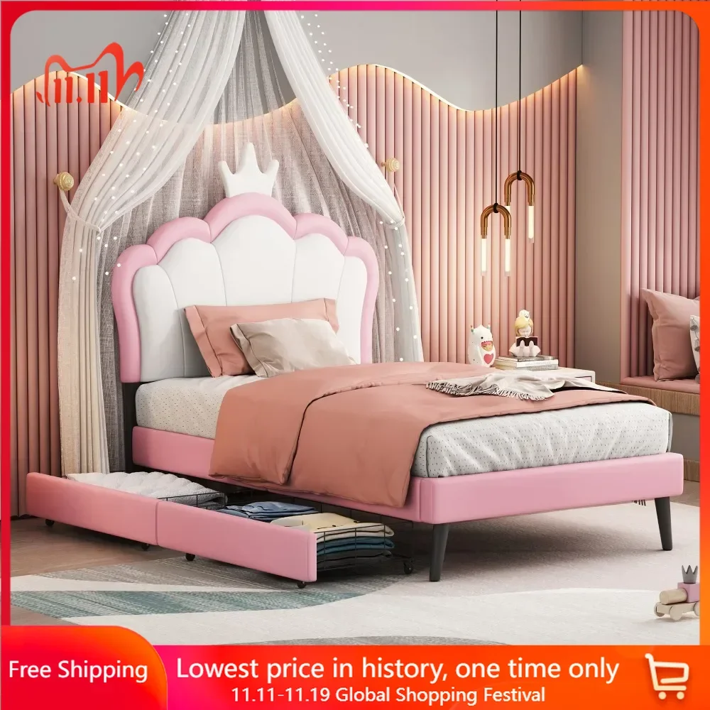 Upholstered Princess Bed, Beds with Crown Headboard and 2 Drawers, White and Pink, Platform Bed with Headboard and Footboard