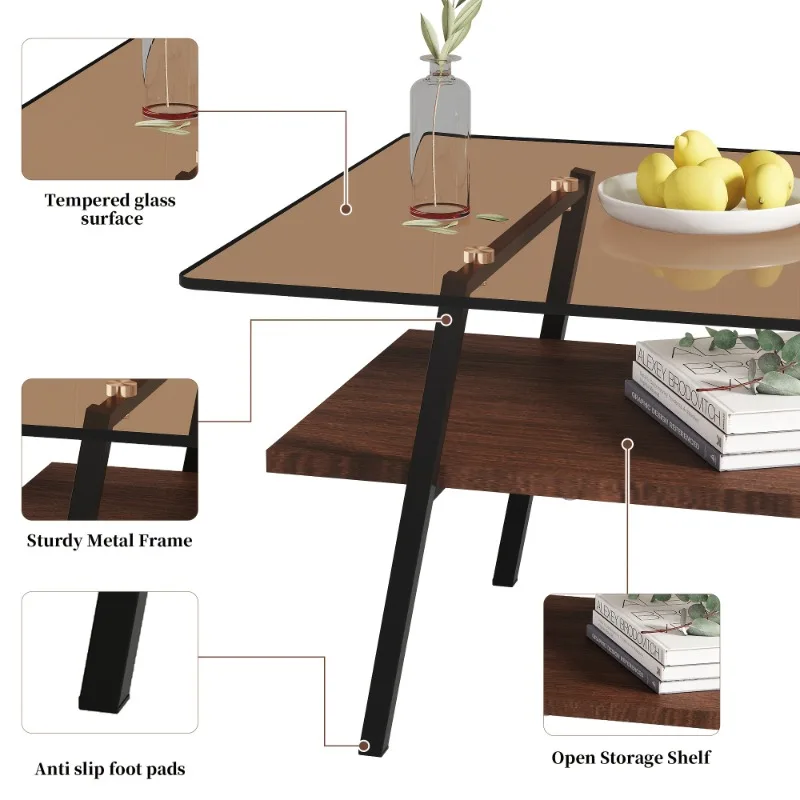 Moderner Couch tisch aus Glas, rechteckiger Tisch aus gehärtetem Glas im Wohnzimmer, 2-stöckiger zentraler Tisch mit Metallrahmen,