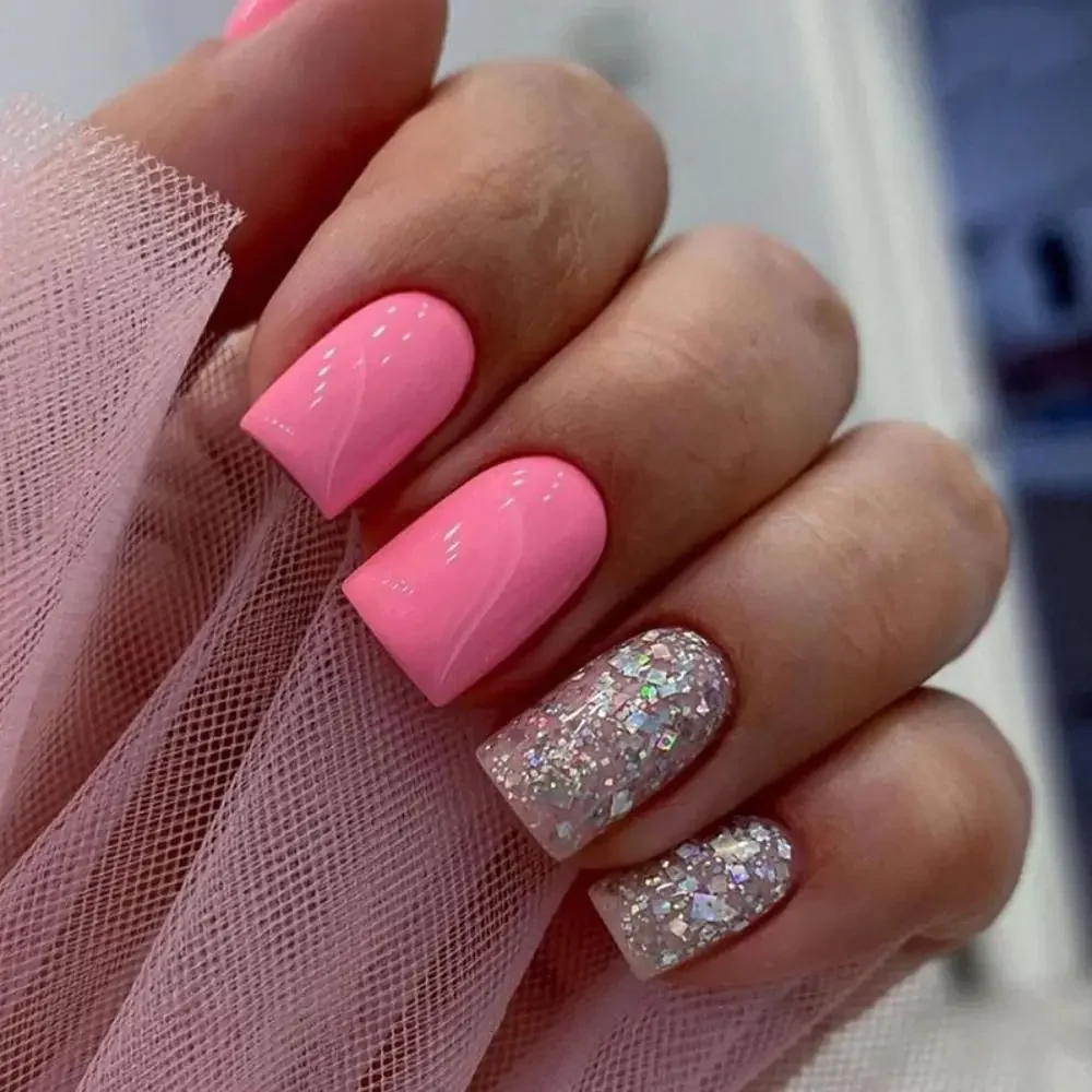 Fashion Long Square False Nails French Aurora Purple Press on Nails Detachable Love Heart Fake Nials DIY