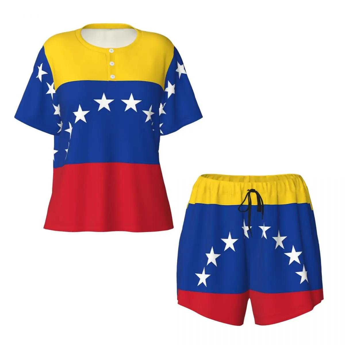 

Flag Of Venezuelan, Caribbean Sea In South America Round Neck Short Sleeves Nightdress for Sleeping Women Pajama Set Short Pants