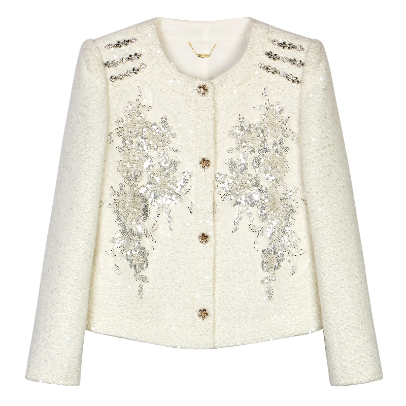 New Fashionable and Elegant Light Luxury Socialite Heavy Industry Beaded Round Neck Single-Breasted Small Fragrance Style Jacket