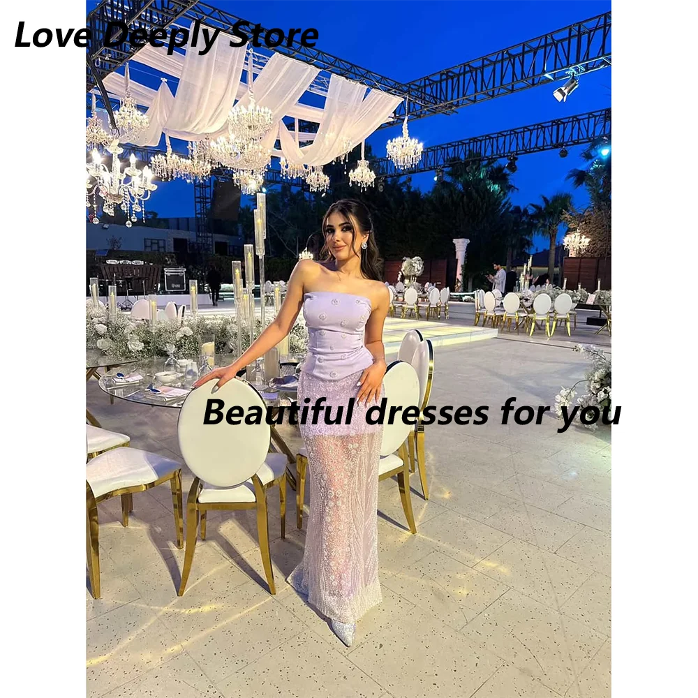 

Lilac Evening Dress for Women Strapless Lace Appliqued Floor-Length Mermaid Prom Formal Wedding Guest Special Events Customized