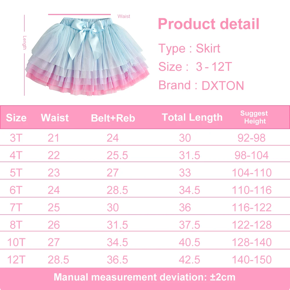 DXTON Baby Girls Skirts 5 Layered Mesh Gradient Tutu Skirt For Girls Ballet Performance Children Skirt Kids Bow Party Clothing