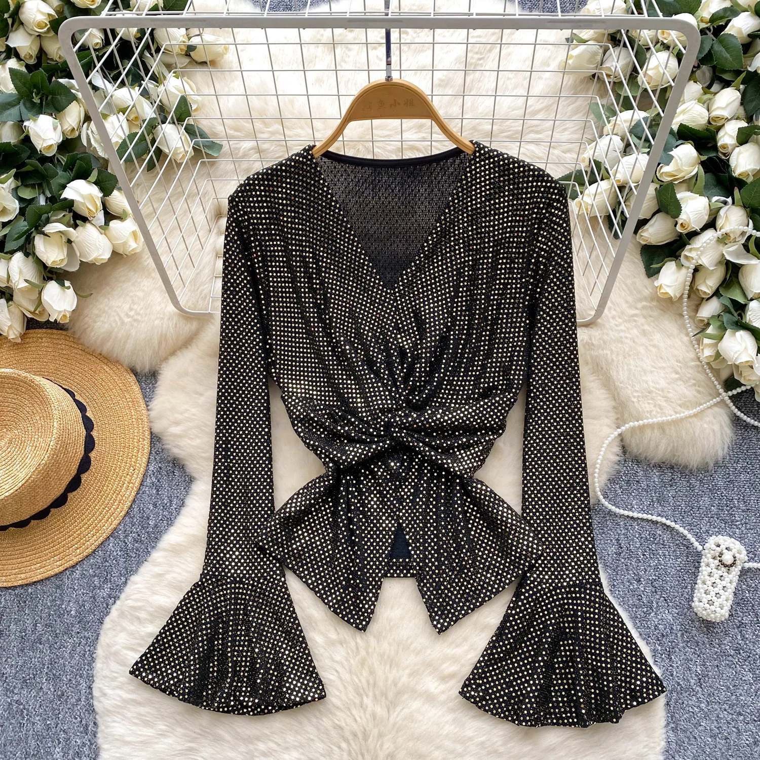 

Винтажная элегантная шикарная блузка с длинными рукавами и v-образным вырезом с пайетками, модная рубашка, повседневная женская рубашка феи