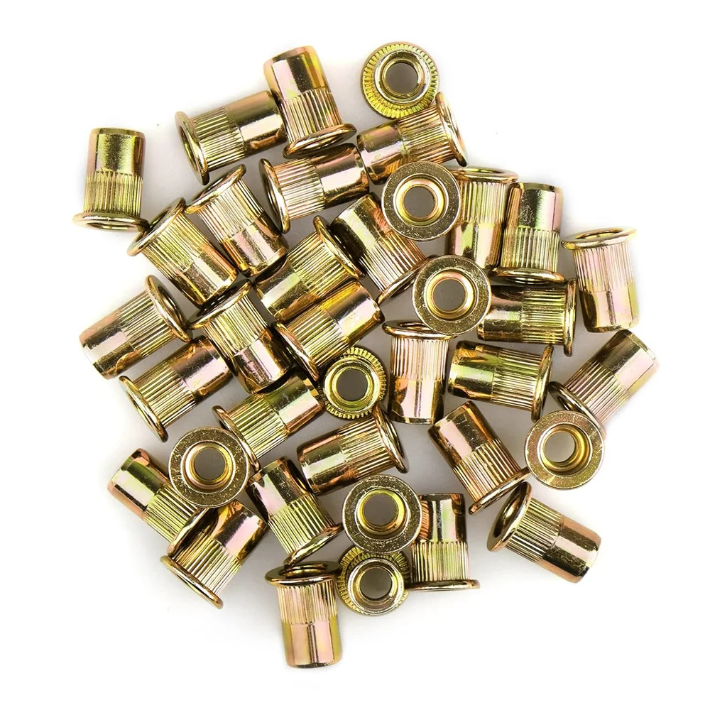 100pcs M3/M4/M5/M6/M8/M10/M12 Metric Rivet Nuts Zinc Plated Carbon Steel Threaded Insert Nut Nutsert Flat Head Knurled Body