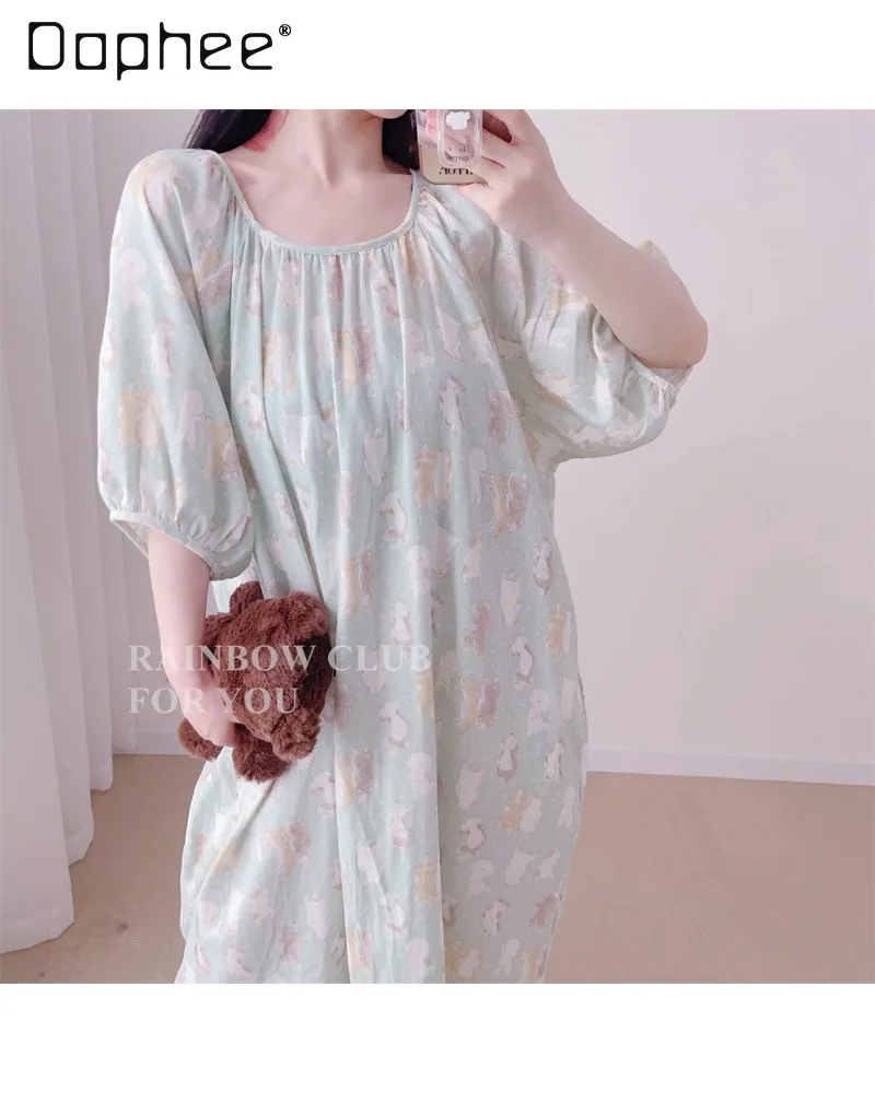 Simple Korean Cartoon Printed Nightdress Round Neck Pleated Neckline Loose Bubble Short Sleeve Round Neck Women's Loungewear