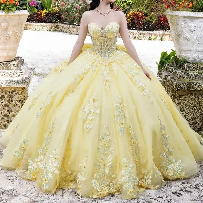 Yellow  Elegant Princess Sweet 16 Quinceanera Dresses   Applique Beads Bow Tull Corset Party Birthday Vestides De Customized