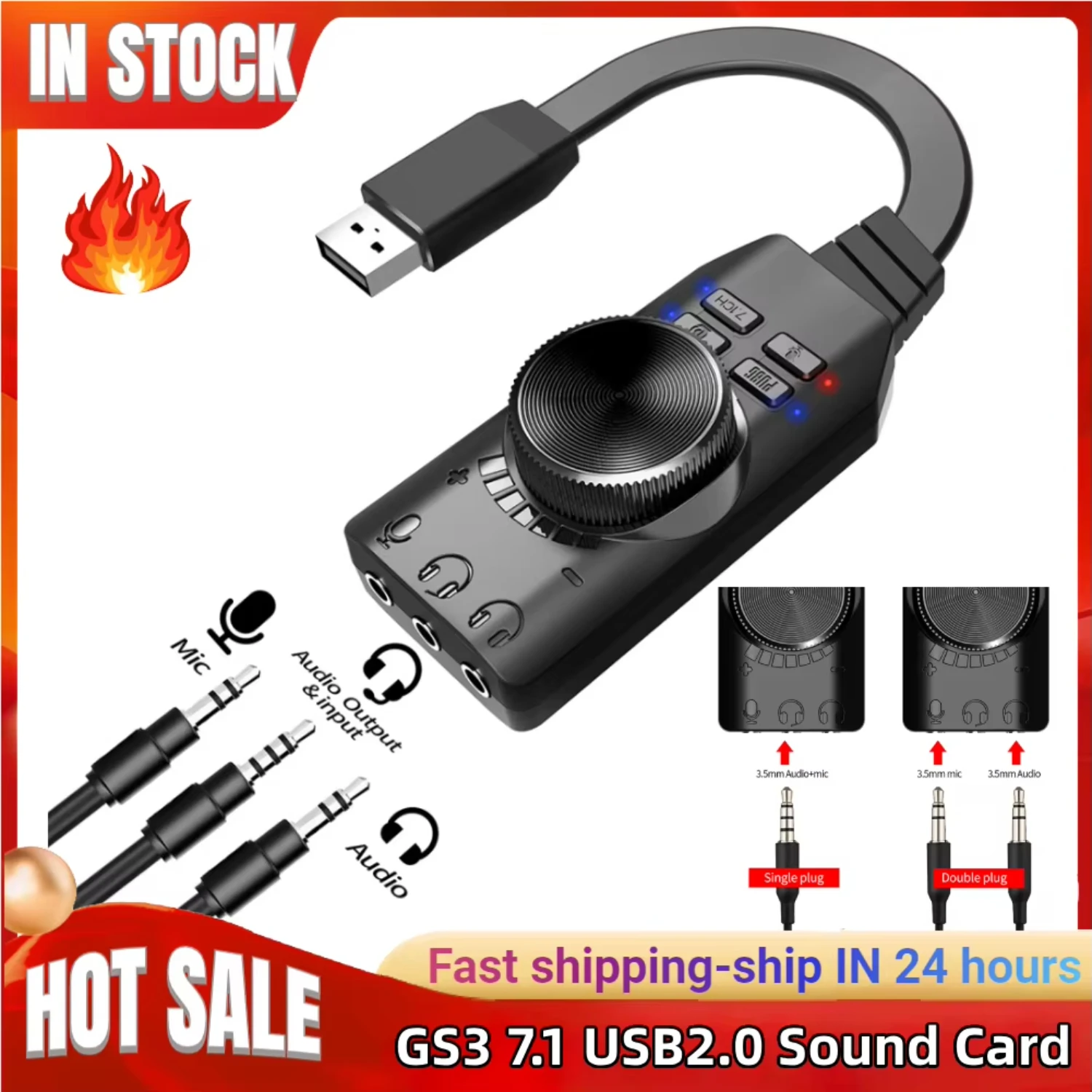 Audio Jack Cable Mute  Volume Adjustment Adapter GS3 7.1 Channel Sound Card External USB Audio 3.5mm Headset Stereo