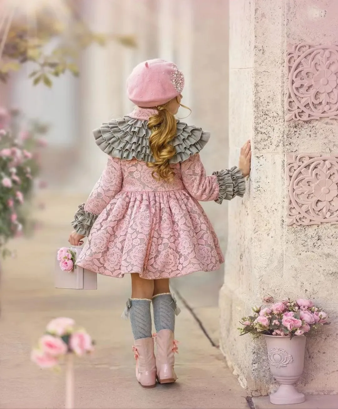 1-12Y Baby Girl Autumn Winter Handmand Customized Palace England Spanish Red Velvet Princess Wool Coat for Casual