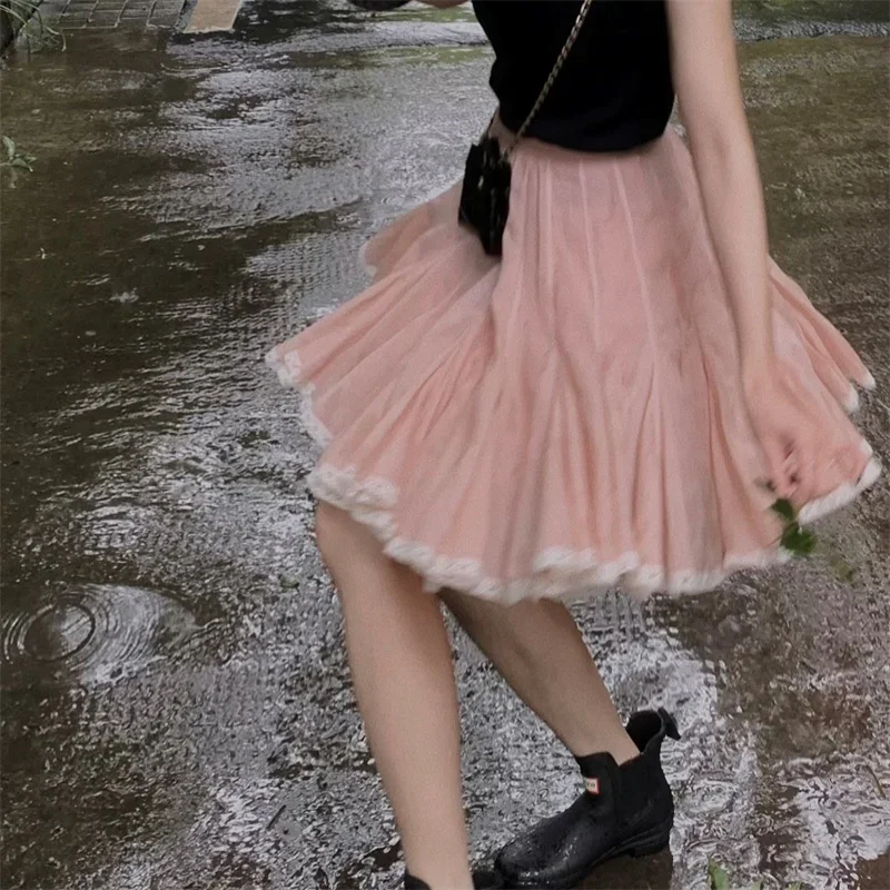 

Новая модная летняя юбка женская розовая трапециевидной формы с высокой талией вечерние расклешенная повседневная мини-юбка белая кружевная лоскутная юбка в стиле бохо