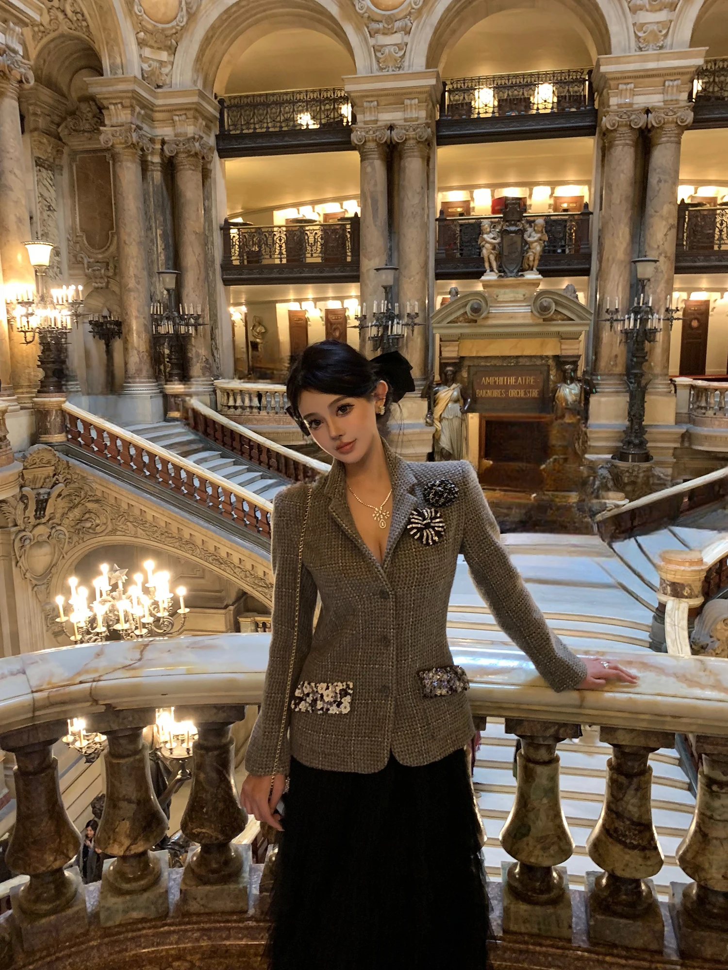 

Cistian Handmade 3W iny Sequin Thi Tweed Beaded Suit Ele Long Sve Women's Premium Quali Boutique Faion