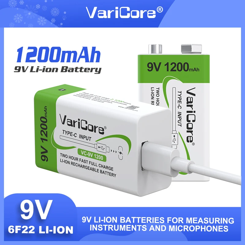 بطارية ليثيوم VariCore عالية السعة 9 فولت 1200 مللي أمبير في الساعة قابلة لإعادة الشحن مع كابل USB للاستخدام اليومي لأجهزة استشعار الأجهزة الطبية